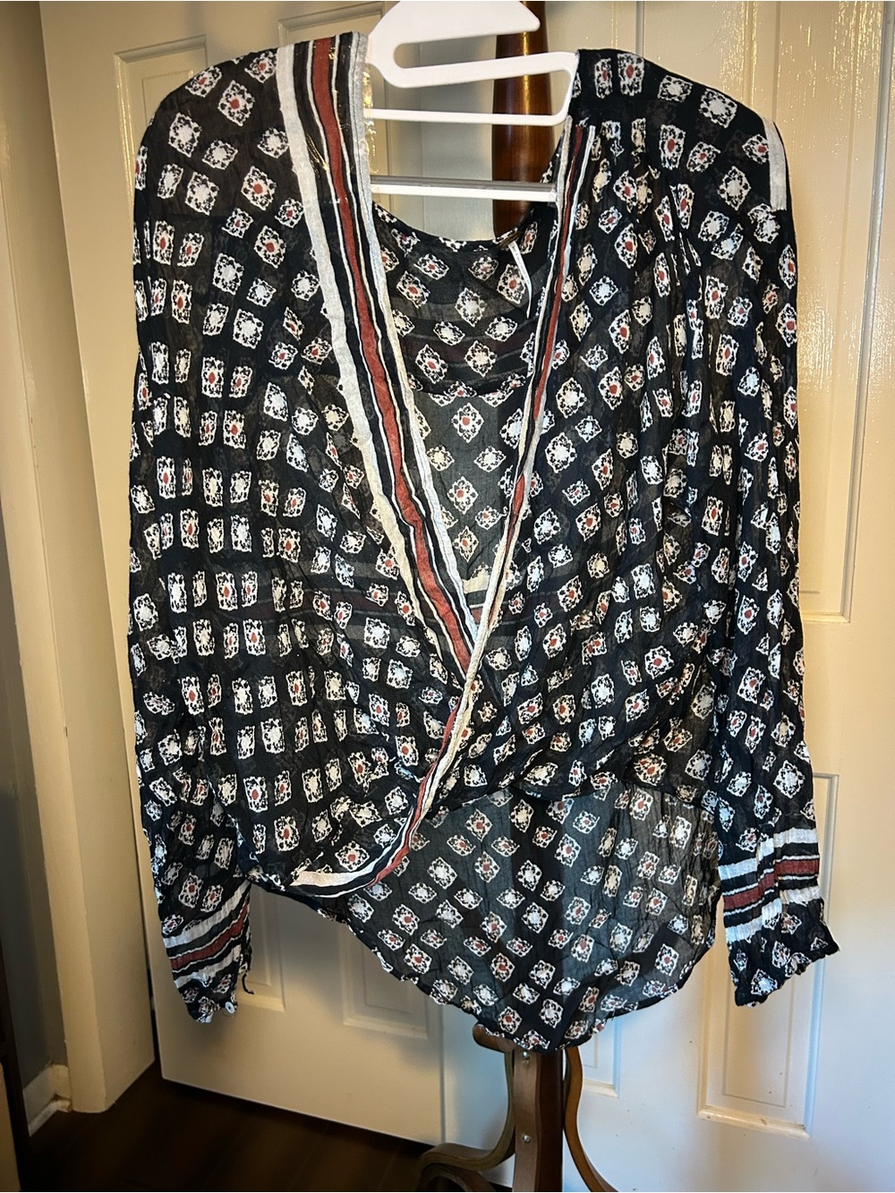 Free People Blue Patterned Wrap-Style V-Neck Blouse with Striped Trim